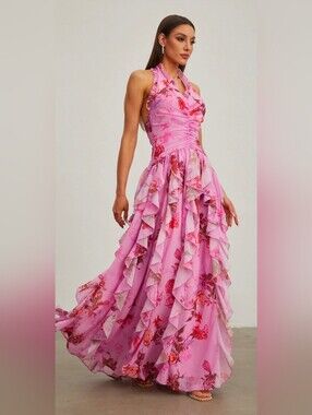 Eulalie Pink Petal Ruffled Halter Maxi Dress